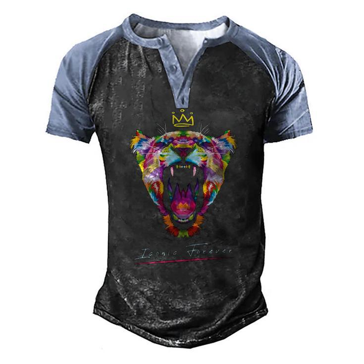 Colorful Queen Lioness With Crown Men's Henley Raglan T-Shirt