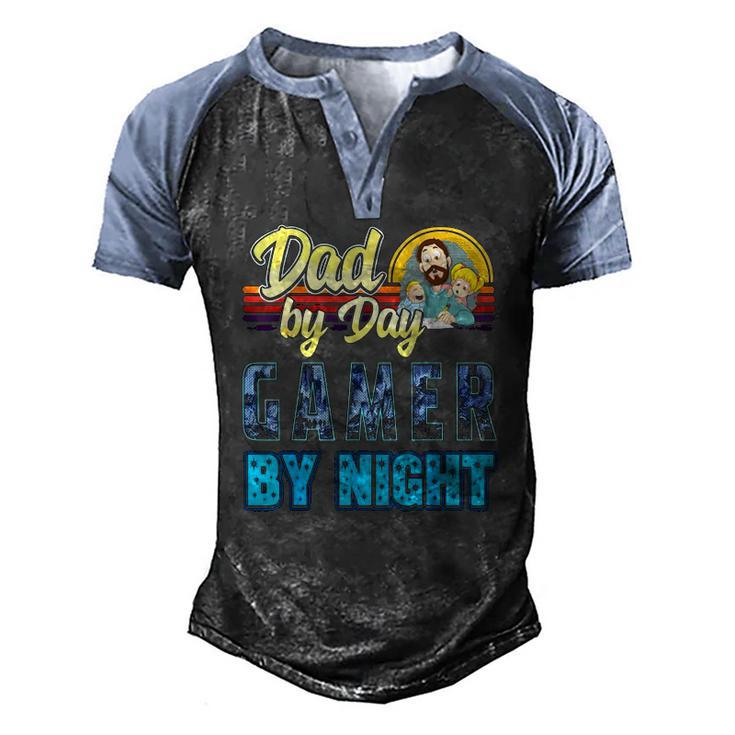 Dad By Day Gamer By Night Video Games Gaming Father Men's Henley Raglan T-Shirt