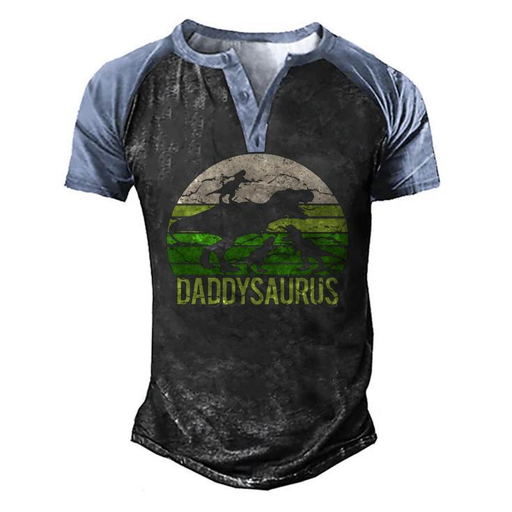 Daddy Dinosaur Daddysaurus 3 Three Kids Dad Christmas Men's Henley Raglan T-Shirt