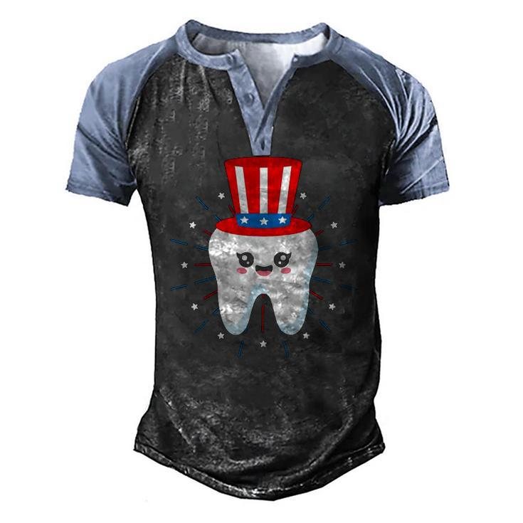 Dental Tooth Uncle Sam Hat 4Th Of July Usa Flag Dentist Men's Henley Raglan T-Shirt