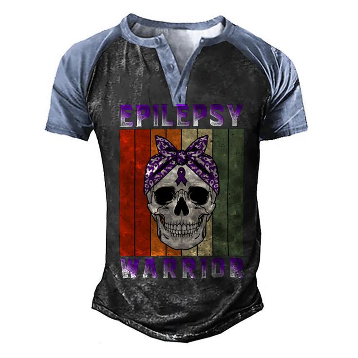 Epilepsy Warrior  Skull Women Vintage  Purple Ribbon  Epilepsy  Epilepsy Awareness Men's Henley Shirt Raglan Sleeve 3D Print T-shirt