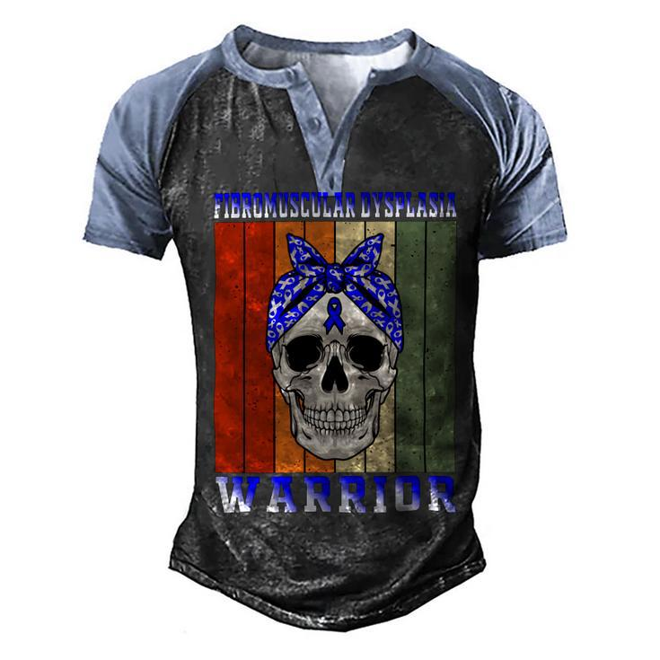 Fibromuscular Dysplasia Warrior  Skull Women Vintage  Blue Ribbon  Fmd  Fibromuscular Dysplasia Awareness Men's Henley Shirt Raglan Sleeve 3D Print T-shirt