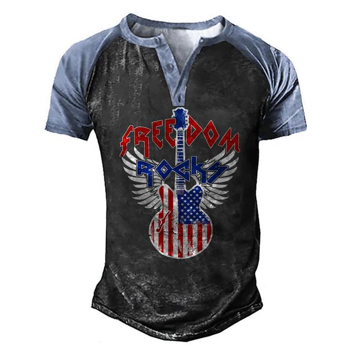 Freedom Rocks 4Th Of July Patriotic Usa Flag Rock Guitar Men's Henley Raglan T-Shirt