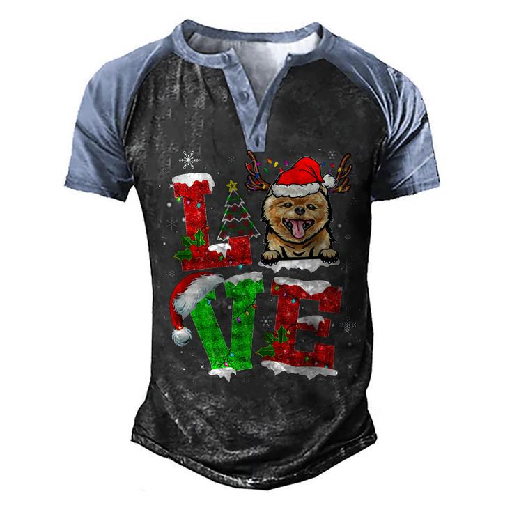 Funny Pomeranian Dog Tree Christmas Lights Xmas Pajama T-Shirt Men's Henley Shirt Raglan Sleeve 3D Print T-shirt