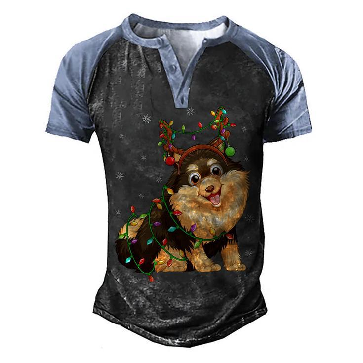 Funny Xmas Lighting Reindeer Hat Pomeranian Dog Christmas T-Shirt Men's Henley Shirt Raglan Sleeve 3D Print T-shirt