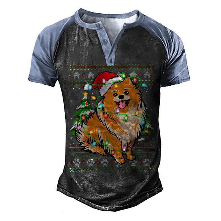 Funny Xmas Lighting Ugly Santa Pomeranian Christmas T-Shirt Men's Henley Shirt Raglan Sleeve 3D Print T-shirt