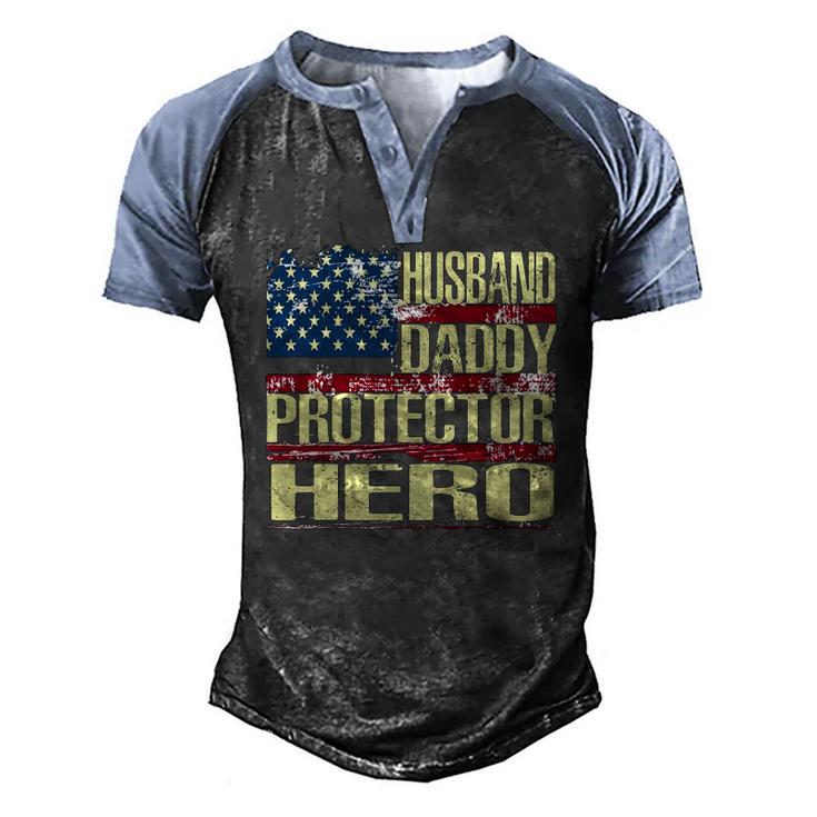 Mens Husband Daddy Protector Hero Fathers Day Men's Henley Raglan T-Shirt