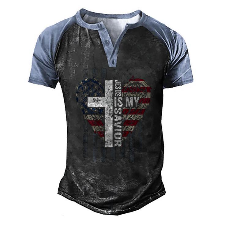 Jesus Is My Savior Usa Christian Faith Cross On Back Men's Henley Raglan T-Shirt