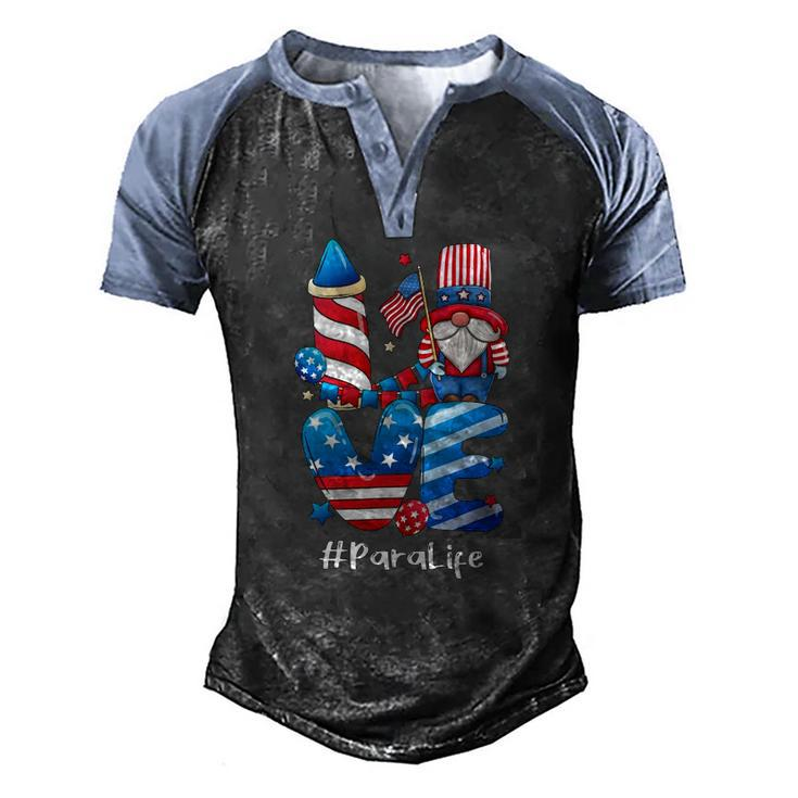 Love Para Life Gnome Usa Flag 4Th Of July Patriotic Men's Henley Raglan T-Shirt