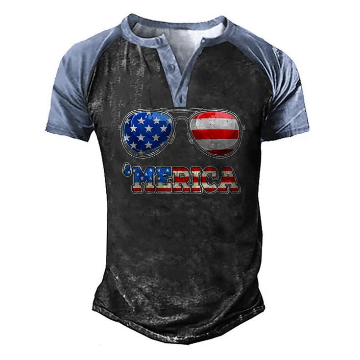 Merica Sunglasses 4Th Of July Patriotic American Flag Men's Henley Raglan T-Shirt