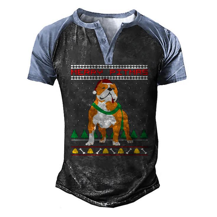Merry Pitmas Pitbull Santa Claus Dog Ugly Christmas Men's Henley Raglan T-Shirt