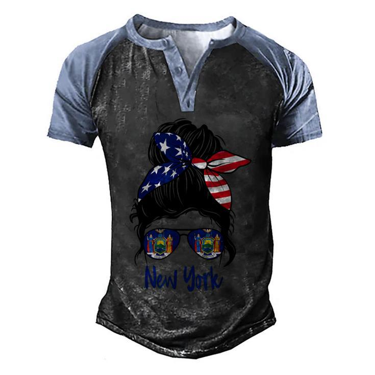 New York Girl New York Flag State Girlfriend Messy Bun  Men's Henley Shirt Raglan Sleeve 3D Print T-shirt
