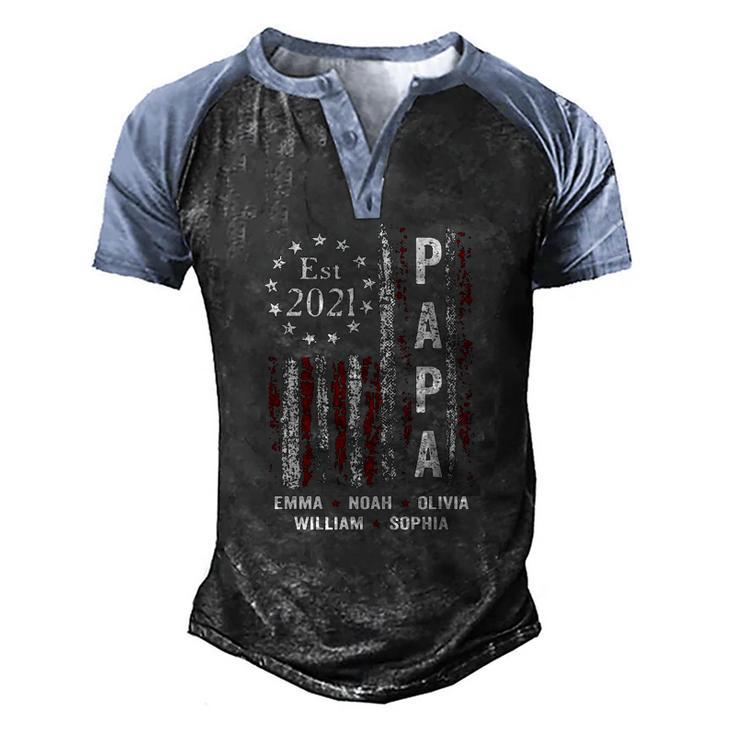 Papa Est 2021 Emma Noah Olivia William Sophia Vintage American Flag Men's Henley Raglan T-Shirt