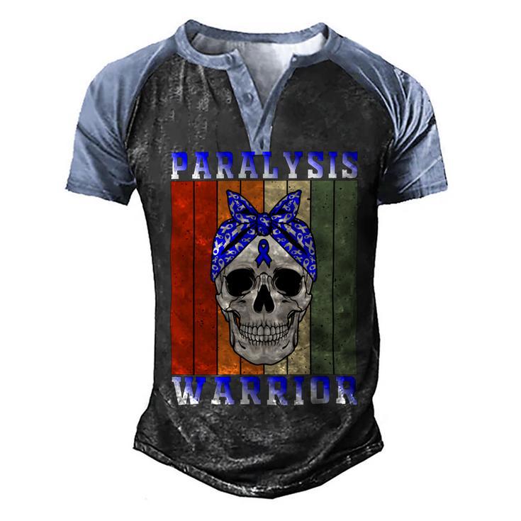 Paralysis Warrior  Skull Women Vintage  Blue Ribbon  Paralysis  Paralysis Awareness Men's Henley Shirt Raglan Sleeve 3D Print T-shirt