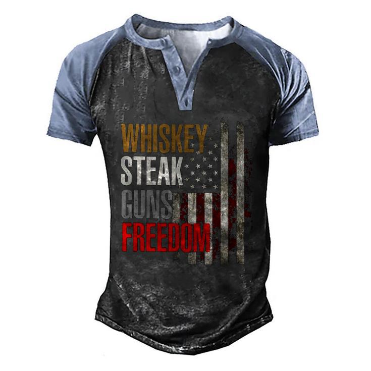 Patriotic American Flag Whiskey Steak Guns And Freedom Men's Henley Raglan T-Shirt