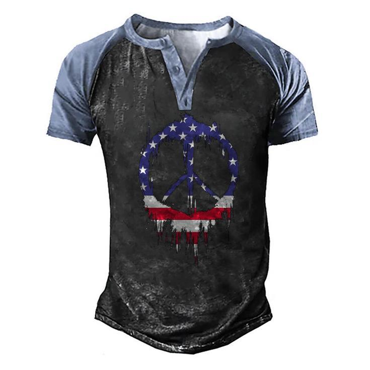Patriotic Peace Sign American Flag 4Th Of July Retro Hippie Men's Henley Raglan T-Shirt