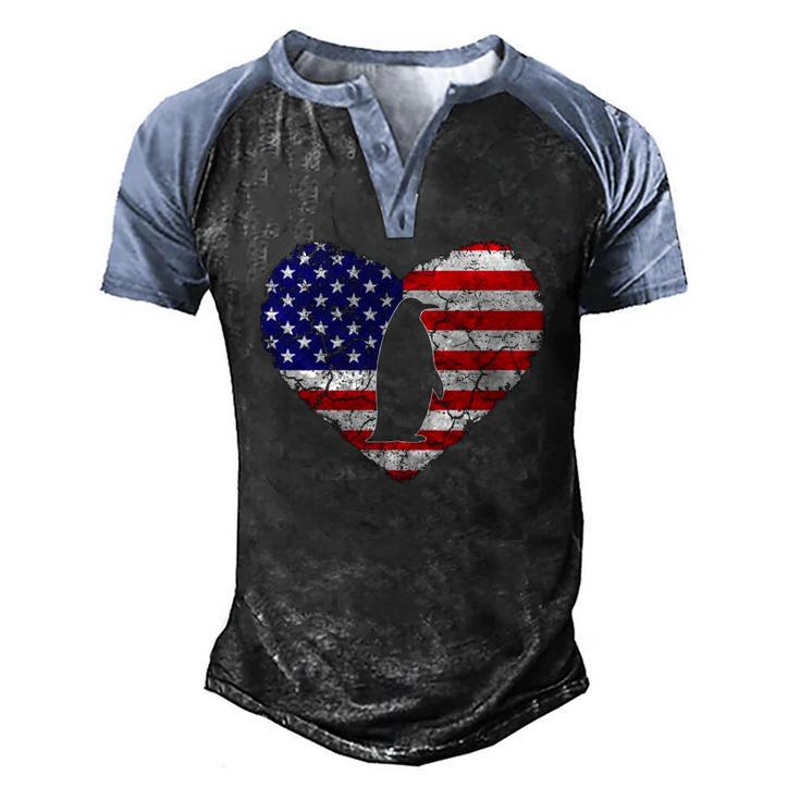 Penguin Vintage American Flag Heart 4Th Of July Animal Lover Classic Men's Henley Raglan T-Shirt