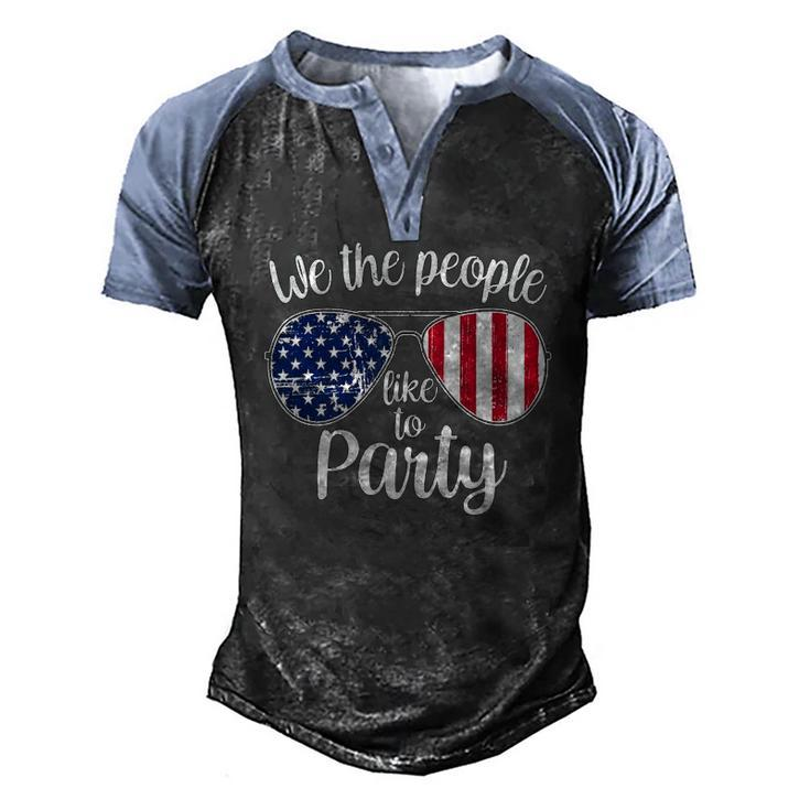Womens We The People Like To Party American Flag Sunglasses Vintage Men's Henley Raglan T-Shirt