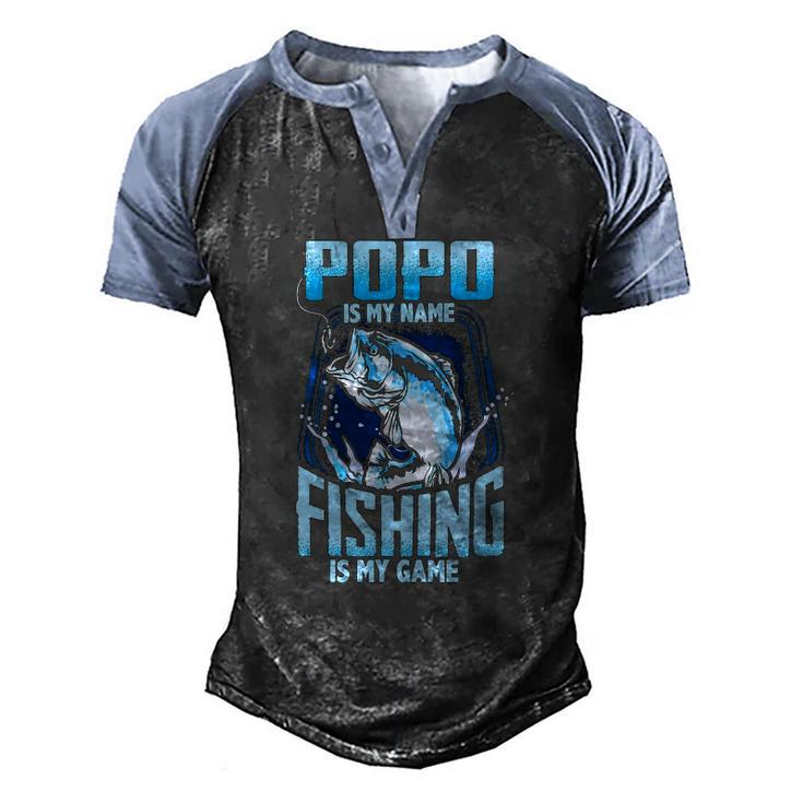 Mens Popo Is My Name Fishing Is My Game Fathers Day Men's Henley Raglan T-Shirt