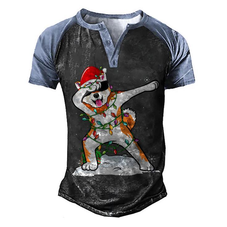 Santa Dabbing Akita Inu Christmas Lights Funny Xmas T-Shirt Men's Henley Shirt Raglan Sleeve 3D Print T-shirt