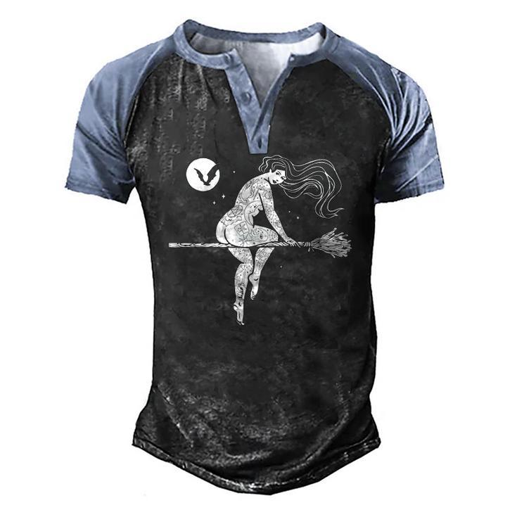 Tattooed Witch On Broomstick Full Moon & Bat Halloween Men's Henley Raglan T-Shirt