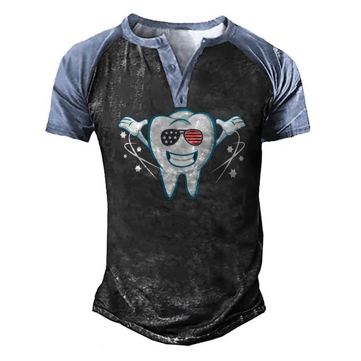 Tooth With Sunglasses Flag Usa Dentist 4Th July Men's Henley Raglan T-Shirt