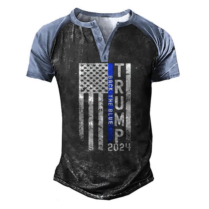 Trump 2024 Back The Blue American Flag Blue Line 4Th Of July Men's Henley Raglan T-Shirt