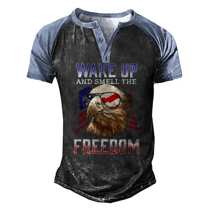 Wake Up And Smell The Freedom Murica American Flag Eagle Men's Henley Raglan T-Shirt