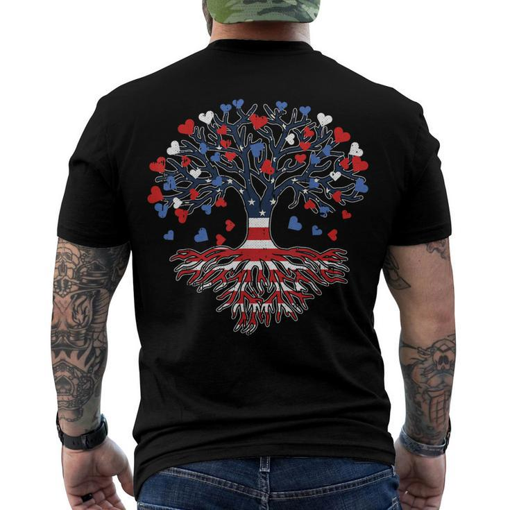 American Tree 4Th Of July Usa Flag Hearts Roots Patriotic Men's T-shirt Back Print