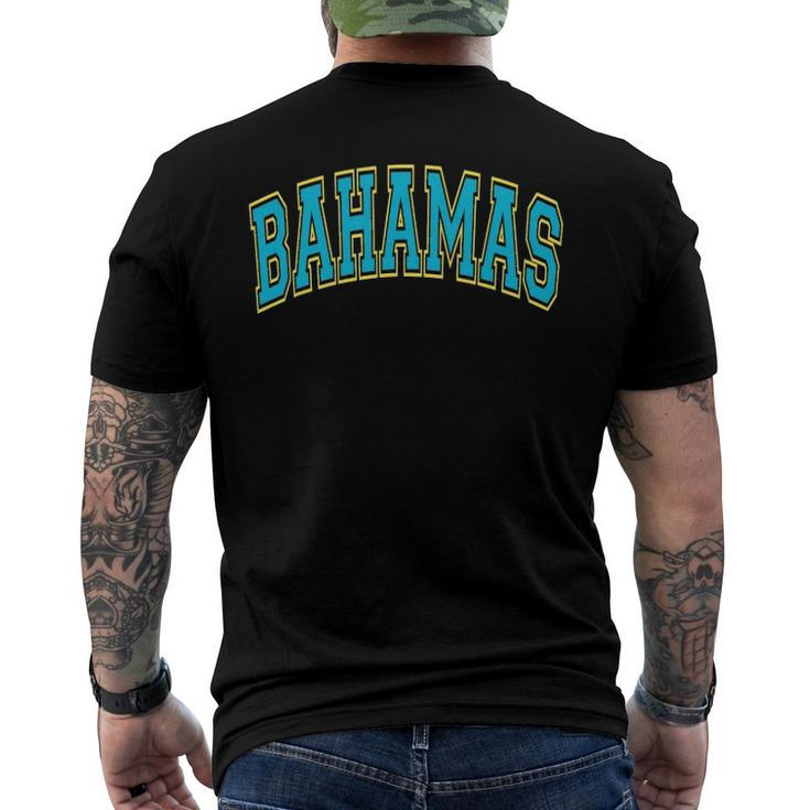 Bahamas Varsity Style Teal Text With Yellow Outline Men's Back Print T-shirt