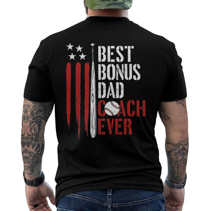 Mens Best Bonus Dad Coach Ever Proud Baseball Daddy American Flag Men's Back Print T-shirt