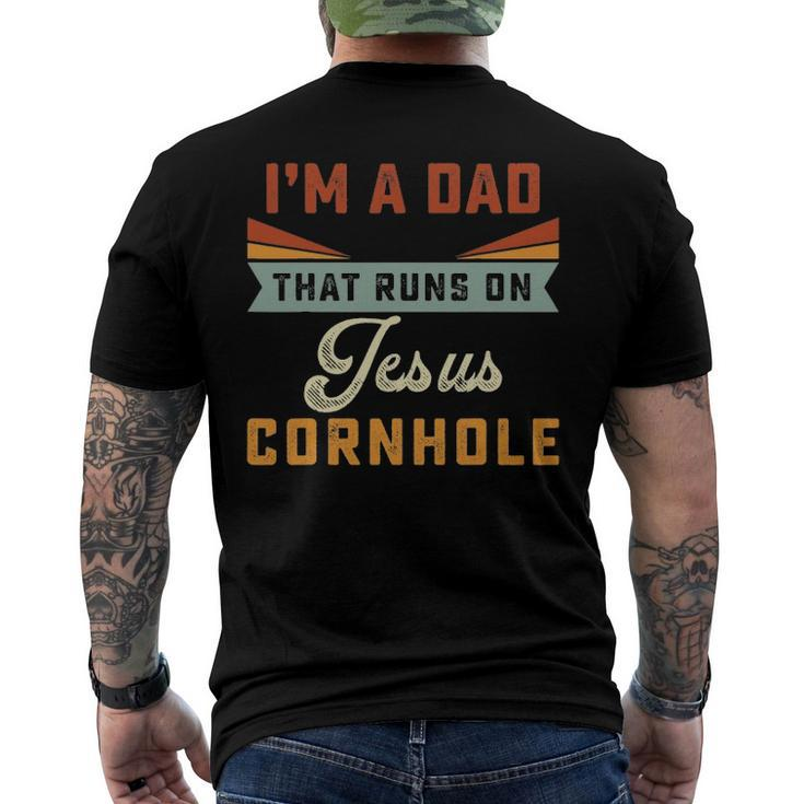 Mens Im A Dad That Runs On Jesus Cornhole Christian Vintage Men's Back Print T-shirt
