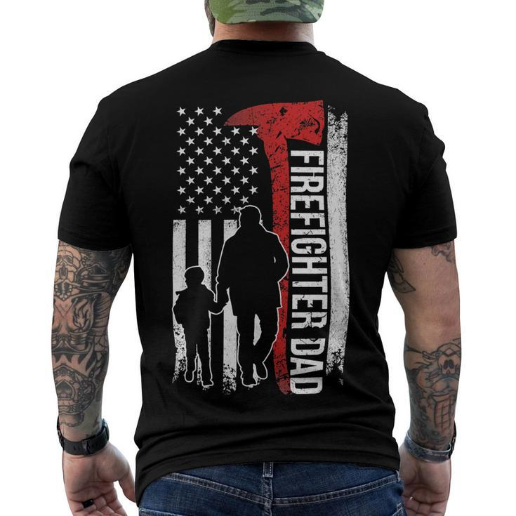 Father Grandpa Day Firefighter Dad America Flag For Hero 375 Family Dad Men's Crewneck Short Sleeve Back Print T-shirt