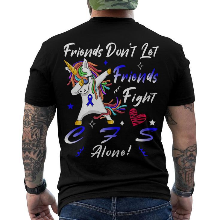 Friends Dont Let Friends Fight Chronic Fatigue Syndrome Cfs Alone  Unicorn Blue Ribbon  Chronic Fatigue Syndrome Support  Cfs Awareness Men's Crewneck Short Sleeve Back Print T-shirt