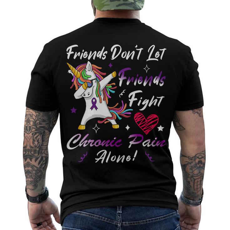 Friends Dont Let Friends Fight Chronic Pain Alone  Unicorn Purple Ribbon  Chronic Pain Support  Chronic Pain Awareness Men's Crewneck Short Sleeve Back Print T-shirt