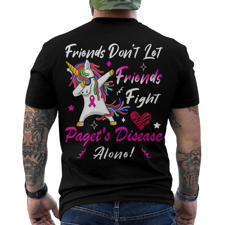 Friends Dont Let Friends Fight Pagets Disease Alone  Unicorn Pink Ribbon  Pagets Disease  Pagets Disease Awareness Men's Crewneck Short Sleeve Back Print T-shirt