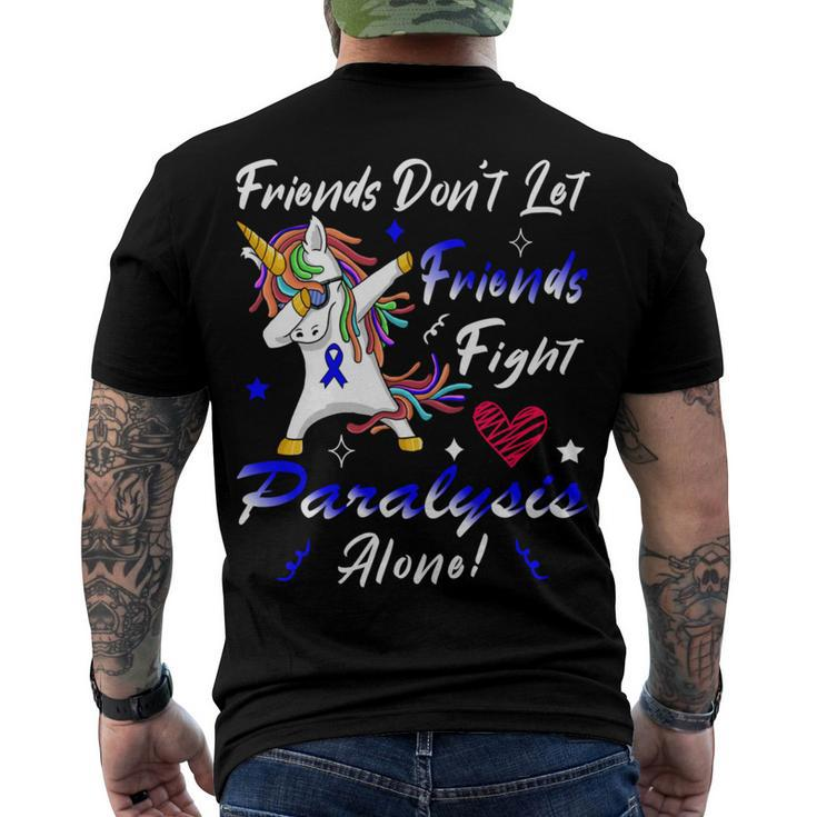 Friends Dont Let Friends Fight Paralysis Alone  Unicorn Blue Ribbon  Paralysis  Paralysis Awareness Men's Crewneck Short Sleeve Back Print T-shirt