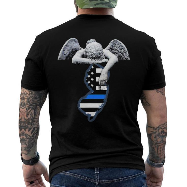 New Jersey Thin Blue Line Flag And Angel For Law Enforcement Men's Back Print T-shirt