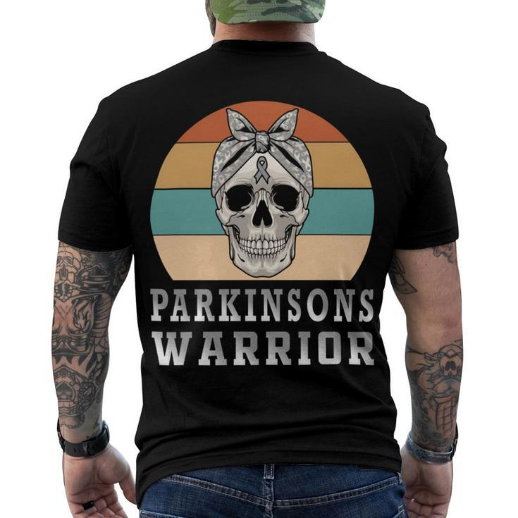 Parkinsons Warrior  Skull Women Vintage  Grey Ribbon  Parkinsons  Parkinsons Awareness Men's Crewneck Short Sleeve Back Print T-shirt