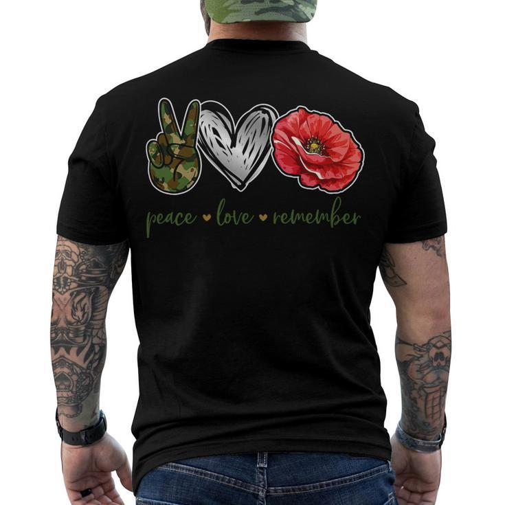 Peace Love Remember Red Poppy Flower Soldier Veteran Day T-Shirt Men's Crewneck Short Sleeve Back Print T-shirt
