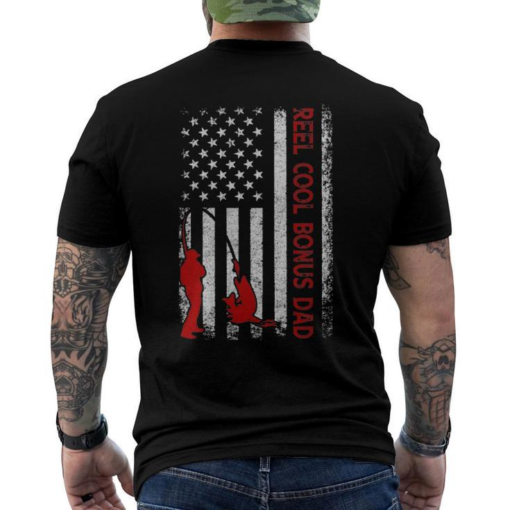 Reel Cool Bonus Dad American Flag Fishing Fathers Day Men's Back Print T-shirt