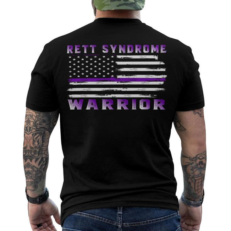 Rett Syndrome Warrior Usa Flag  United States Flag  Purple Ribbon  Rett Syndrome  Rett Syndrome Awareness Men's Crewneck Short Sleeve Back Print T-shirt