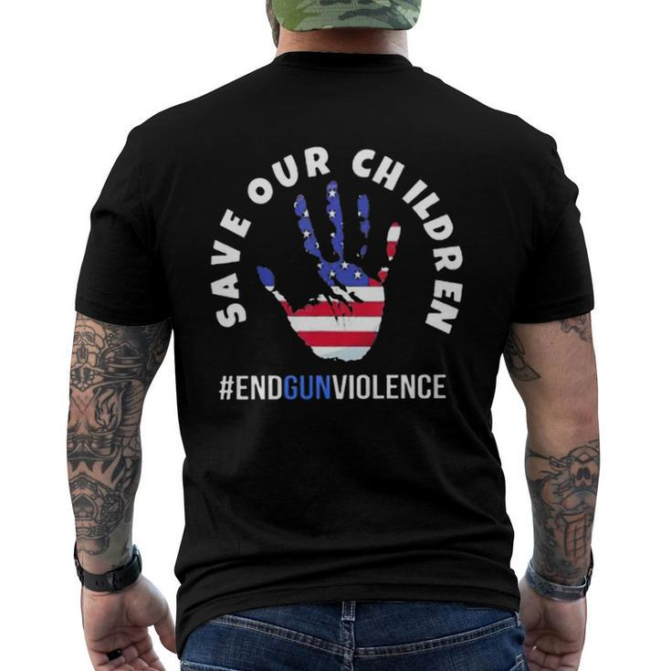 Save Our Children  End Gun Violence American Flag Handprint Men's Crewneck Short Sleeve Back Print T-shirt