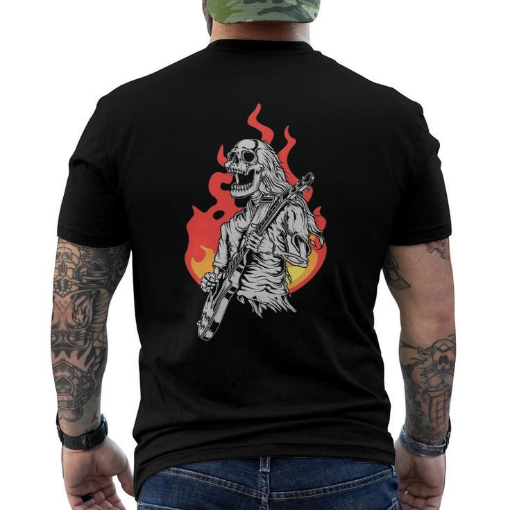 Skeleton Playing Electric Guitar Flames Rock Music Men's Back Print T-shirt