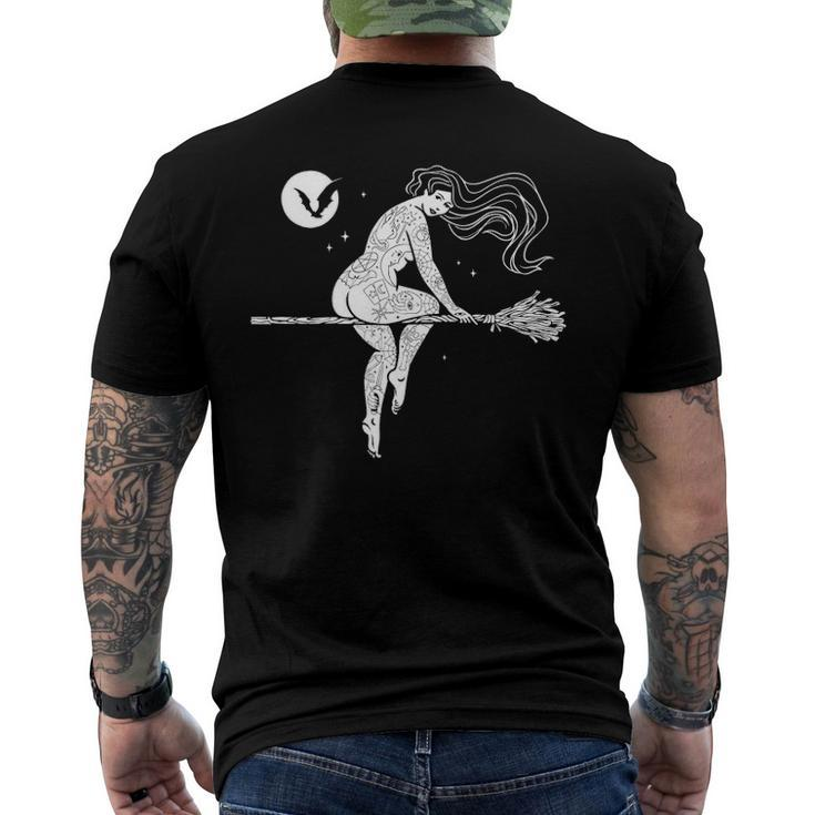 Tattooed Witch On Broomstick Full Moon & Bat Halloween Men's Back Print T-shirt