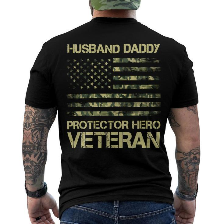 Veteran Husband Daddy Protector Hero Veteran American Flag Vintage Dad 2 Navy Soldier Army Military Men's Crewneck Short Sleeve Back Print T-shirt