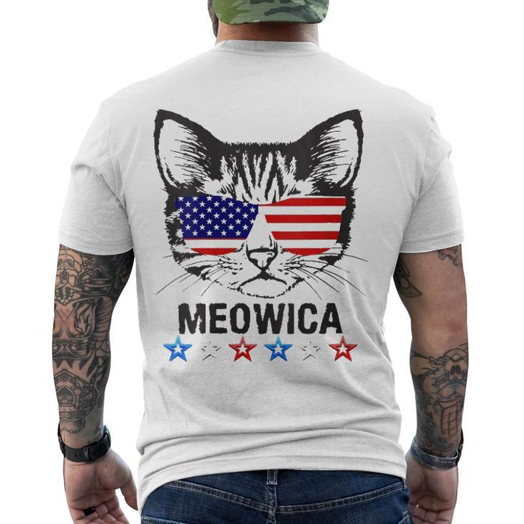Womens 4Th Of July American Flag Cat Meowica V-Neck Men's Back Print T-shirt