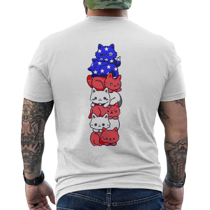 4Th Of July Cat Patriotic American Flag Cute Cats Pile Stack Men's Back Print T-shirt