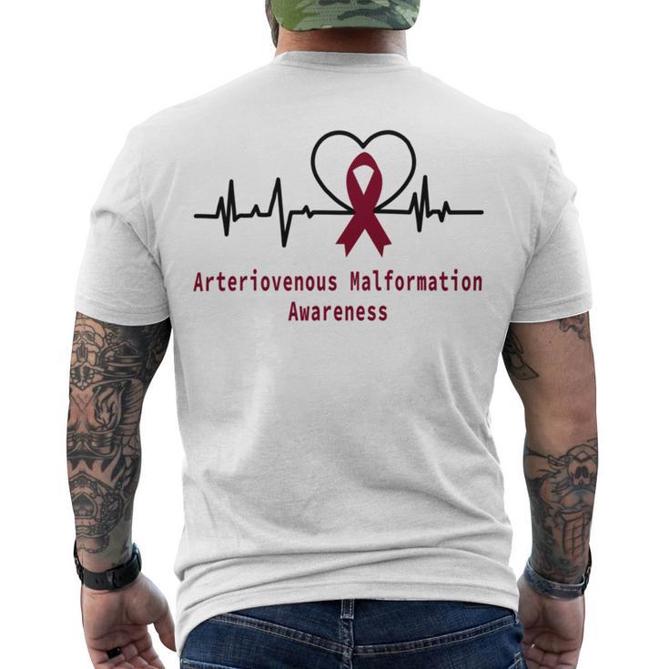 Arteriovenous Malformation Awareness Heartbeat  Burgundy Ribbon  Arteriovenous Malformation Support  Arteriovenous Malformation Awareness Men's Crewneck Short Sleeve Back Print T-shirt