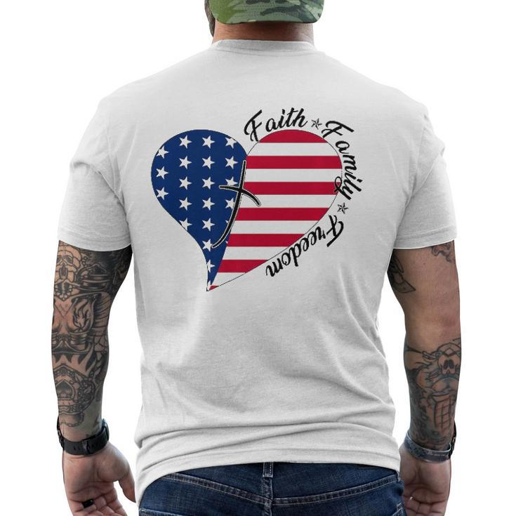Faith Family Freedom American Flag Heart 4Th Of July Men's Back Print T-shirt